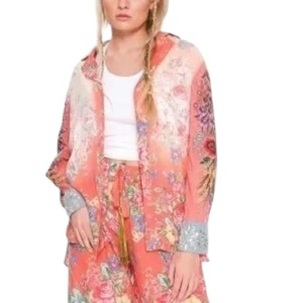 Aratta Silent Journey Girls Are Young Button Down Mesh Embroidered Top XS